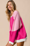 Strawberry Pink Striped Patchwork Crew Neck Raglan Sleeve Top