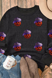 Black Sequined Halloween Pumpkin Ribbed Oversized Sweatshirt