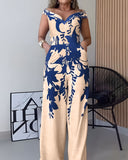 Floral Print One Shoulder Plunge Casual Jumpsuit with Pocket