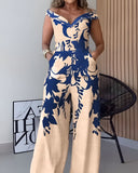 Floral Print One Shoulder Plunge Casual Jumpsuit with Pocket
