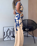 Floral Print One Shoulder Plunge Casual Jumpsuit with Pocket
