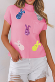 Pink Sequin Bunny Doll Graphic Ribbed High Neck Short Sleeve Sweater