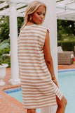 Khaki Stripe Round Neck Sleeveless Casual Pocketed Mini Dress