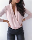 Solid Plunge Long Sleeve Ruched Casual Blouse