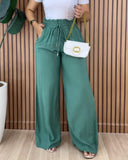 Strechy Waist Pocket Design Pants Casual Drawstring Wide Leg Pants