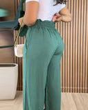 Strechy Waist Pocket Design Pants Casual Drawstring Wide Leg Pants