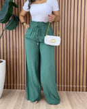 Strechy Waist Pocket Design Pants Casual Drawstring Wide Leg Pants