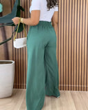 Strechy Waist Pocket Design Pants Casual Drawstring Wide Leg Pants