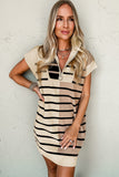 Khaki Stripe Color Block Quarter Zip Collar Short Sleeve Sweater Dress