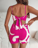 Floral Print Bowknot Decor Spaghetti Strap Skort Romper Casual Hollow out Slim Fit Jumpsuit