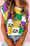 Tillandsia Purple Sequin Doughnut Graphic Colorblock Checkered Short Sleeve Sweater