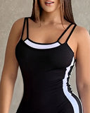 Double Spaghetti Strap Detail Colorblock Romper Slim Fit Short Overall