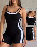 Double Spaghetti Strap Detail Colorblock Romper Slim Fit Short Overall