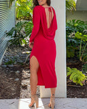 Backless Cowl Neck Long Sleeve Slit Midi Dress Casual Back Lace Up Slim Fit Party Dress