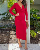 Backless Cowl Neck Long Sleeve Slit Midi Dress Casual Back Lace Up Slim Fit Party Dress
