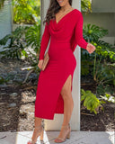 Backless Cowl Neck Long Sleeve Slit Midi Dress Casual Back Lace Up Slim Fit Party Dress