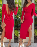 Backless Cowl Neck Long Sleeve Slit Midi Dress Casual Back Lace Up Slim Fit Party Dress