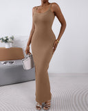 ChicMe ShapeSculpt Basic Lounge Slip U Neck Long Dress Elegant Sleeveless Ribbed Bodycon Maxi Dresses