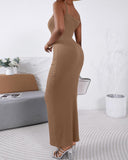 ChicMe ShapeSculpt Basic Lounge Slip U Neck Long Dress Elegant Sleeveless Ribbed Bodycon Maxi Dresses