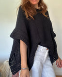 Solid Three Quarters Batwing Sleeve Hollow out Pattern Edges Casual Knit Top