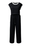 Black Cable Knit Contrast Trim Short Sleeve Top and Pants Set