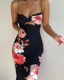 Lace Trim Spaghetti Strap Floral Print Dress