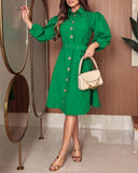 Turn down Collar Three Quarters Ruched Dress Casual Waist Tied Detail Shirt Dress
