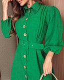 Turn down Collar Three Quarters Ruched Dress Casual Waist Tied Detail Shirt Dress