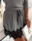 Crewneck Drawstring Waist Casual Dress Constrast Lace Mini Dress