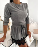 Crewneck Drawstring Waist Casual Dress Constrast Lace Mini Dress