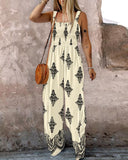 Graphic Print Square Neck Thick Strap Shirred Jumpsuit Wide Leg Overalls with Pockets