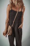 Black Spaghetti Straps Shirred Bodice Pocketed Wide Leg Jumpsuit