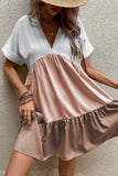 Light French Beige Triple Colors V Neck Folded Cuffs Tiered Loose Dress