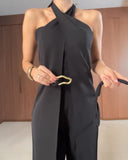 2 Pieces Outfit Plain Halter Cold Shoulder Front Slit Tied Detaill Top with Casual Business Pants Set