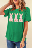 Bright Green Easter Floral Rabbit Print Crew Neck T Shirt