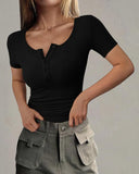 Henley V Neck Short Sleeve Tops Casual Button Up Ribbed Knit T Shirt