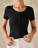 Henley V Neck Short Sleeve Tops Casual Button Up Ribbed Knit T Shirt