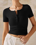 Henley V Neck Short Sleeve Tops Casual Button Up Ribbed Knit T Shirt