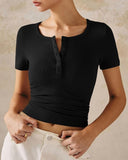 Henley V Neck Short Sleeve Tops Casual Button Up Ribbed Knit T Shirt