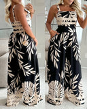 Tropical Print Square Neck Spaghetti Strap Backless Jumpsuit Casual Shirred Wide Leg Romper