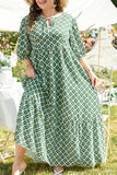 Green Geometric Floral Print Half Sleeve Plus Size Maxi Dress