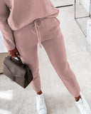 2PCS Solid Skew Neck Long Sleeve Top & Stretchy Waist Pants Set