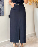 Round Neck Casual Tank Top with Front Slit Belted Midi Skirt Set