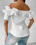 Off Shoulder Layered Ruffles Button down Asymmetrical Hem Top