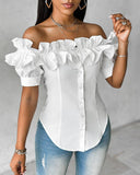 Off Shoulder Layered Ruffles Button down Asymmetrical Hem Top