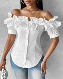 Off Shoulder Layered Ruffles Button down Asymmetrical Hem Top