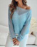 Lurex Cold Shoulder Hollow out Knit Cover Up Casual Drop Shoulder Top