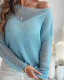 Lurex Cold Shoulder Hollow out Knit Cover Up Casual Drop Shoulder Top