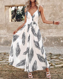 Leaf Print Knotted Front Cutout Button Maxi Dress