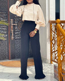 2 Pieces Outfit High Neck Lantern Sleeve Pocket Design Top and Casual Side Striped Print Ruched Wide Leg Flared Pants Set